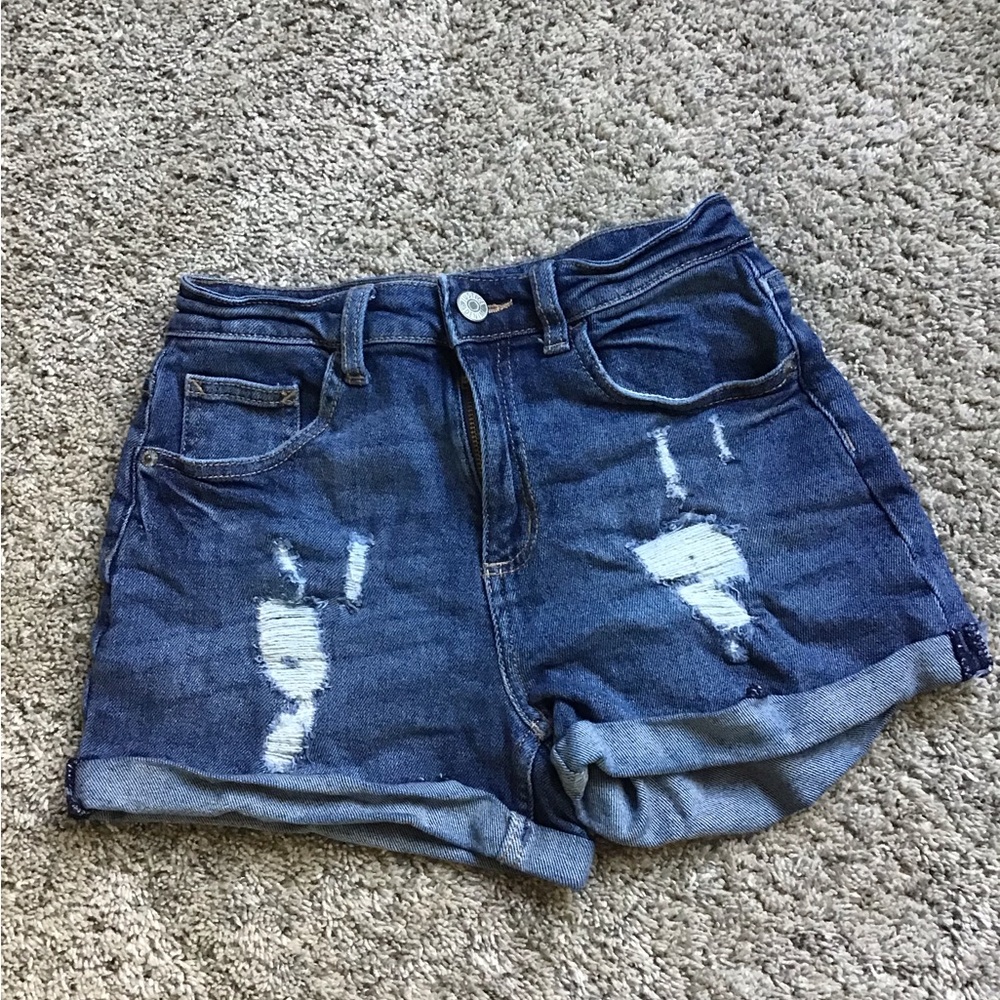 Justice Distressed Rolled-Hem Denim Shorts - Dark Blue